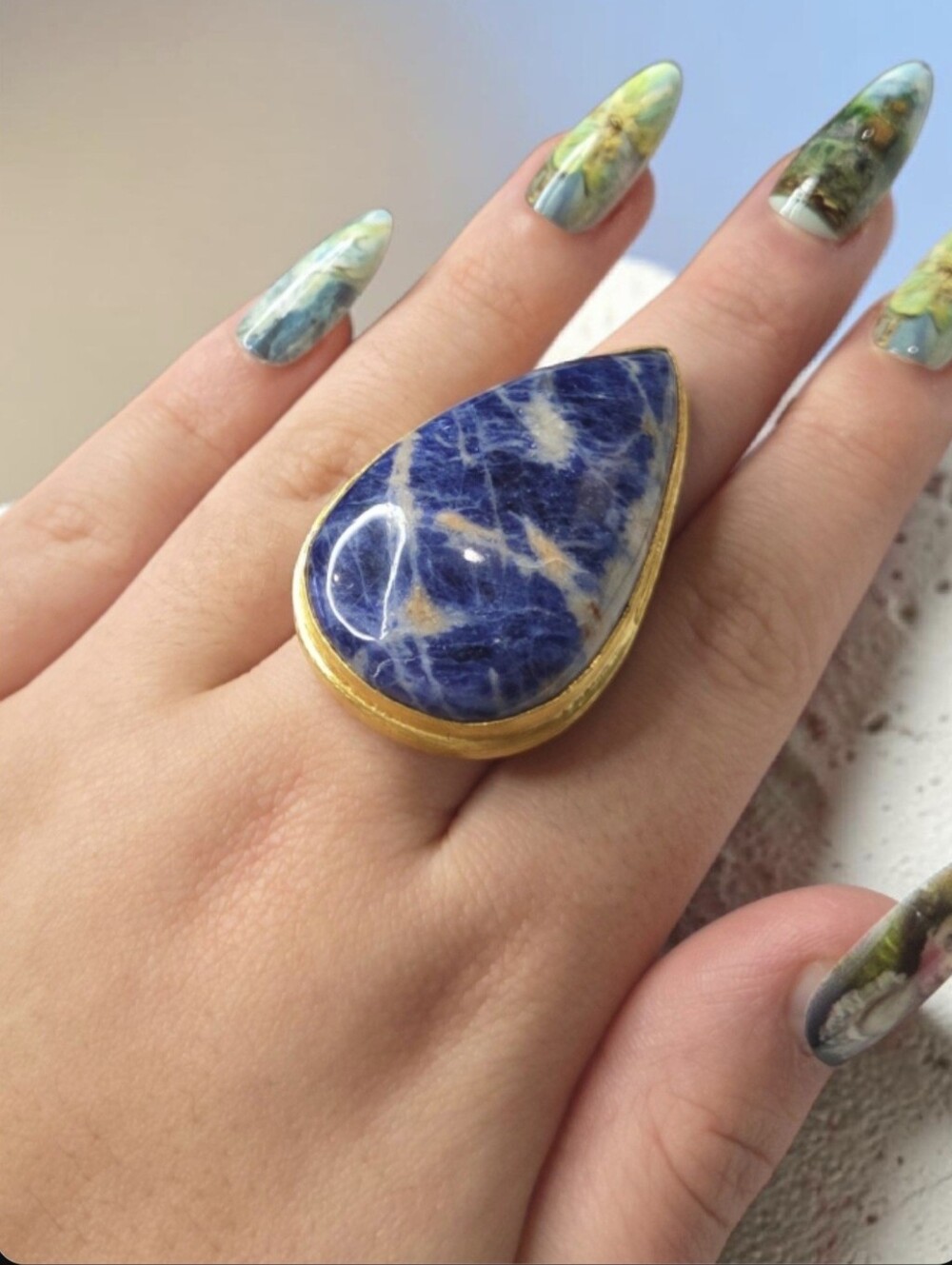 Massive 18k Gold Plated Artisan Cosmic Sodalite Teardrop Stone Crystal Ring